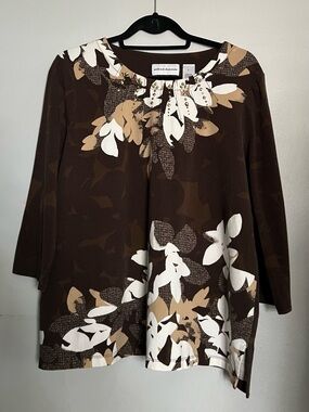 Alfred Dunner Floral Embellished Top Brown Long Sleeve Stud Detail Size L
